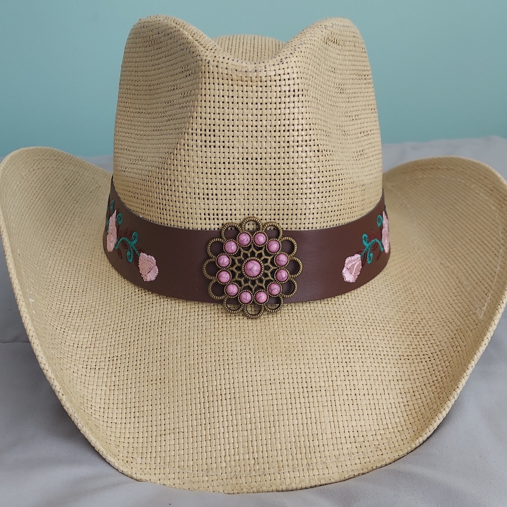 Embroidered Floral Tan Cowgirl Western Hat Size OS Festivals Concerts Vacation - Picture 11 of 14